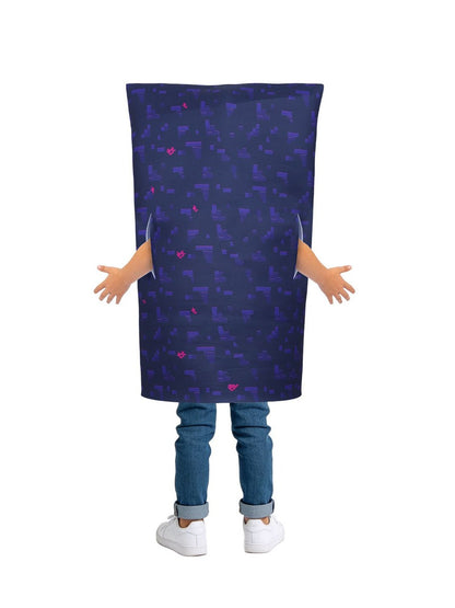 Back view of the kids' Nether Portal tunic costume: plain navy pixel print with arms out through the open sides