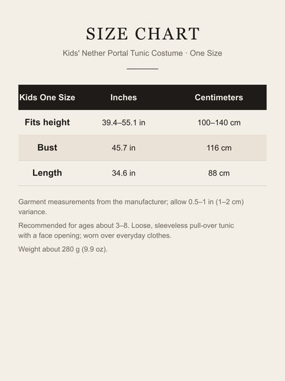Size chart for the kids' Nether Portal costume: one size, fits height 100–140 cm, bust 116 cm, length 88 cm