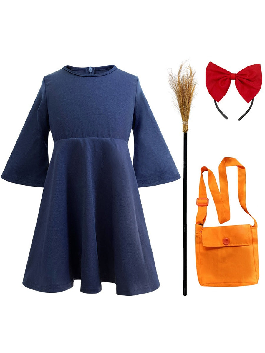 What's included in the Kiki cosplay set: navy dress, red bow headband, orange shoulder bag and broom (flat lay)