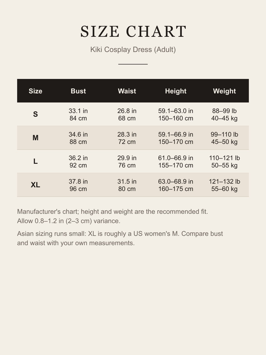 Size chart for the adult Kiki cosplay dress: bust, waist, recommended height and weight for S–XL in inches and centimeters
