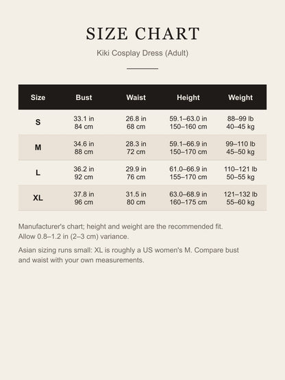 Size chart for the adult Kiki cosplay dress: bust, waist, recommended height and weight for S–XL in inches and centimeters