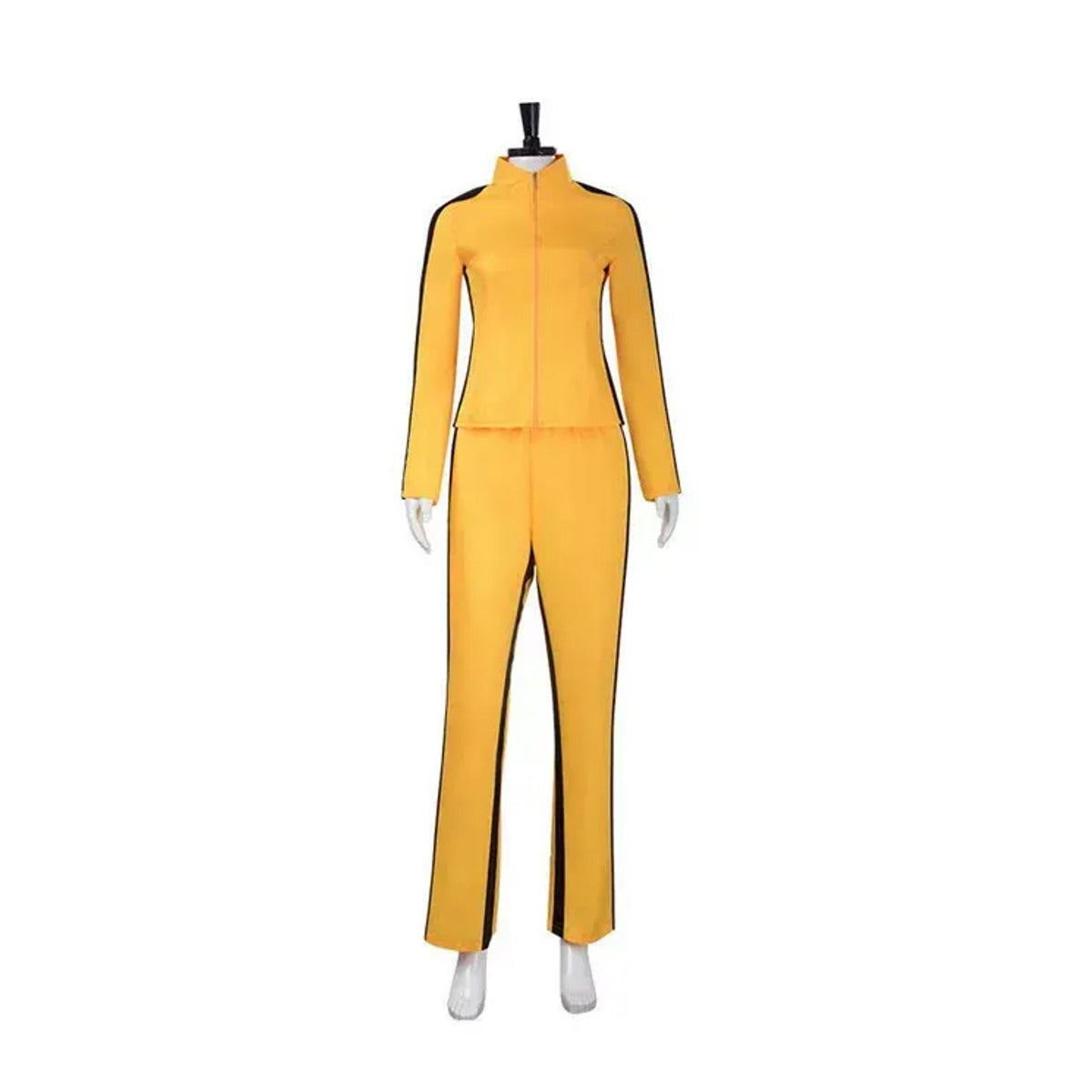 Actual product photo of the yellow jacket and pants set with black stripes on a mannequin