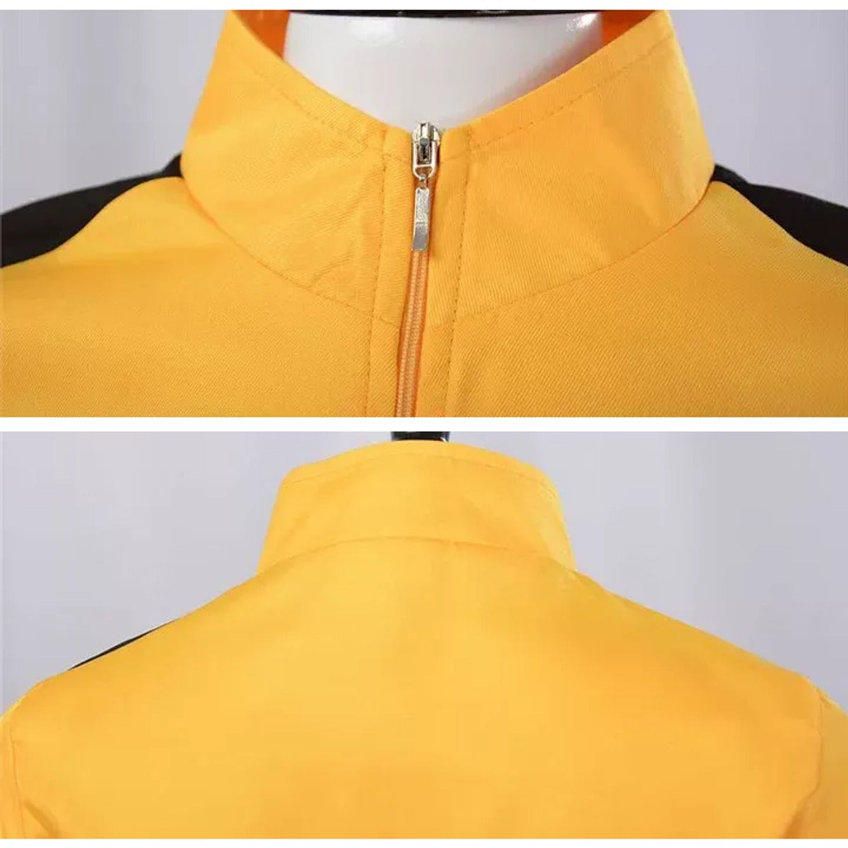 Close-up of the stand collar with front zipper and the back of the collar on the yellow jacket