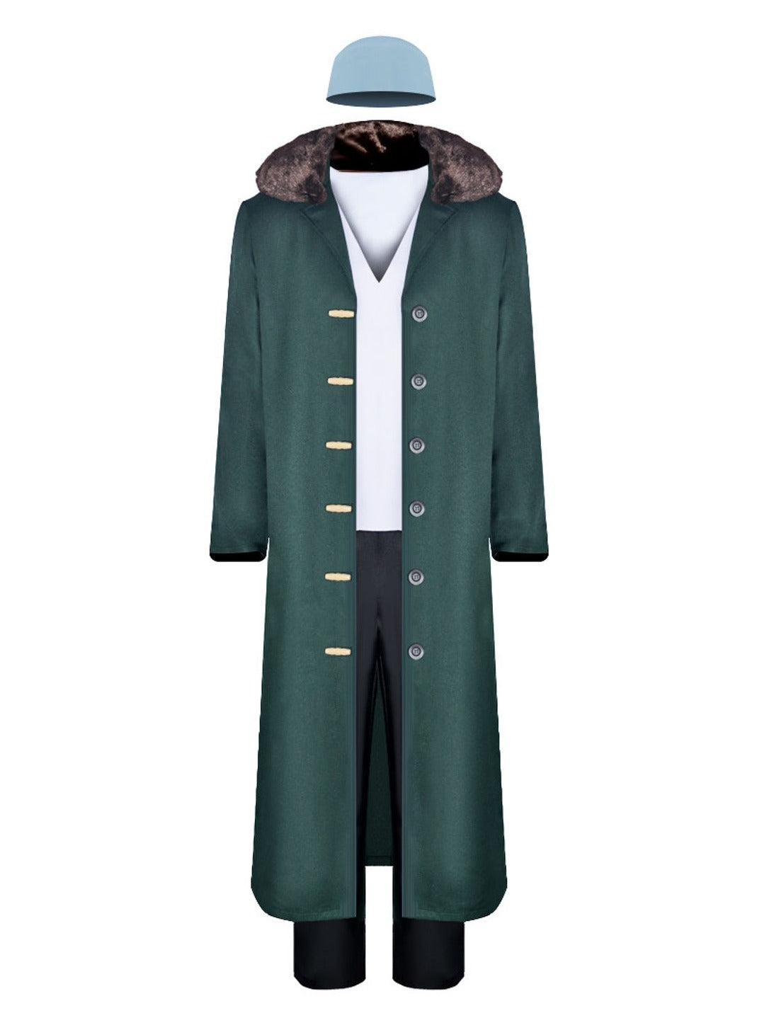 Full Kuzan cosplay set on a form: long green coat with plush collar, white inner shirt, black pants and light blue hat