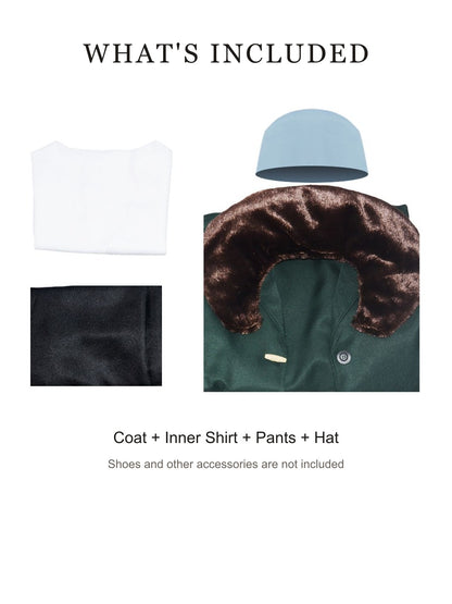 What's included: long green coat with brown plush collar, white inner shirt, black pants and light blue hat