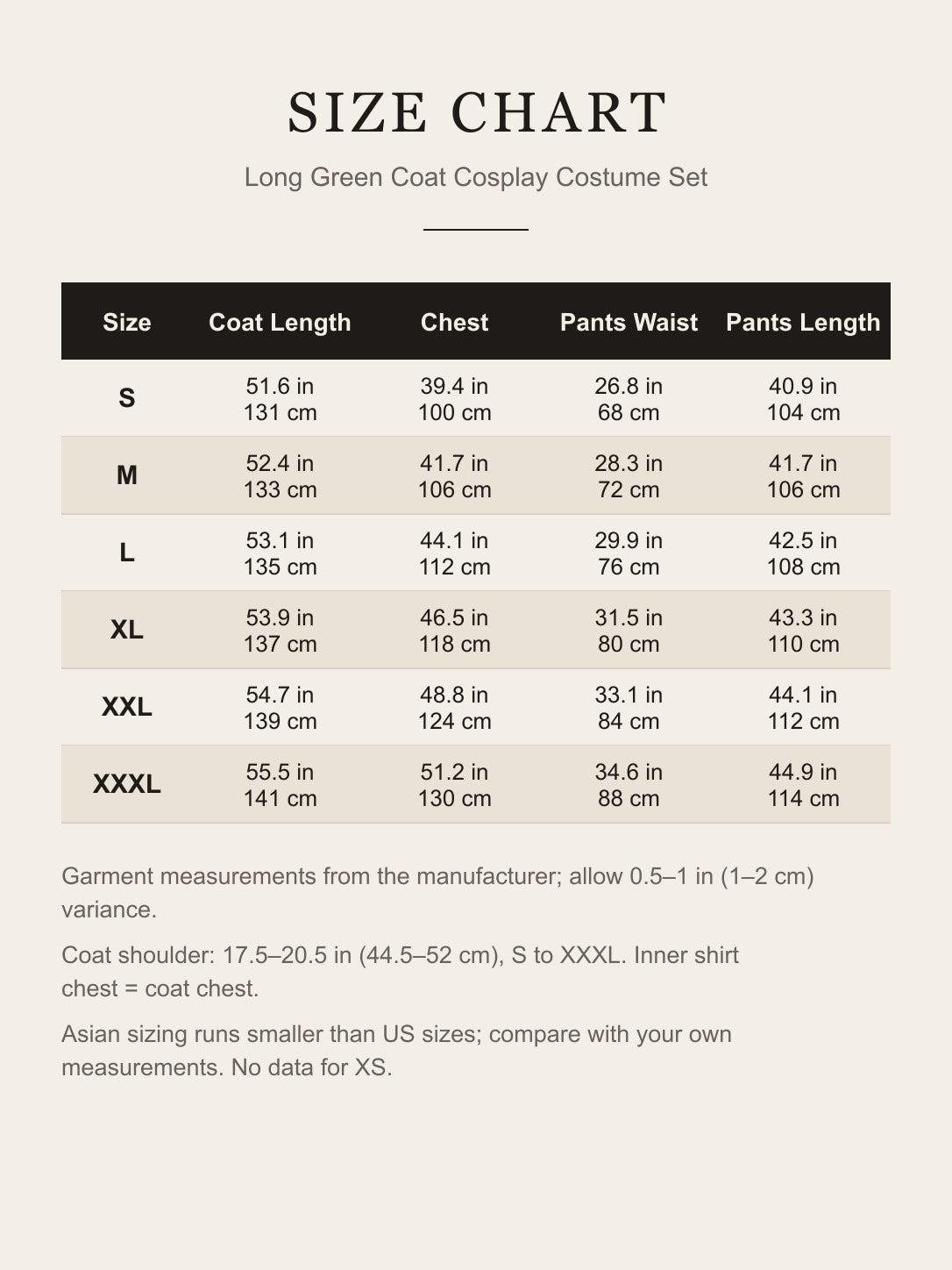 Size chart for the Kuzan cosplay costume: coat length, chest, pants waist and pants length for S to XXXL in inches and centimeters