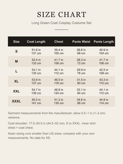 Size chart for the Kuzan cosplay costume: coat length, chest, pants waist and pants length for S to XXXL in inches and centimeters