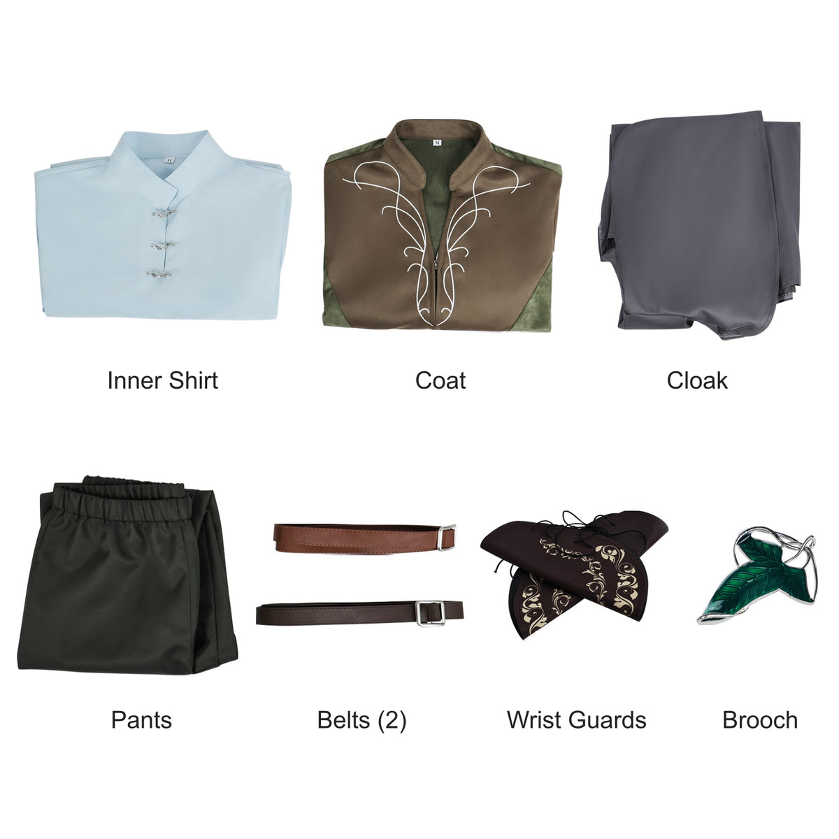 What's included: inner shirt, coat, hooded cloak, pants, two belts, pair of wrist guards and leaf brooch