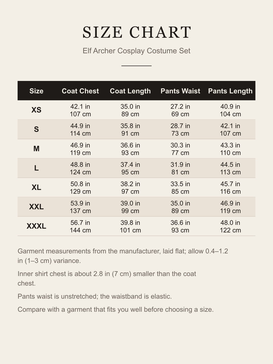 Size chart for the elf archer costume, XS to XXXL, coat chest and length, pants waist and length in inches and cm