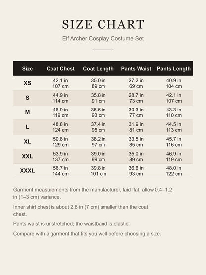 Size chart for the elf archer costume, XS to XXXL, coat chest and length, pants waist and length in inches and cm