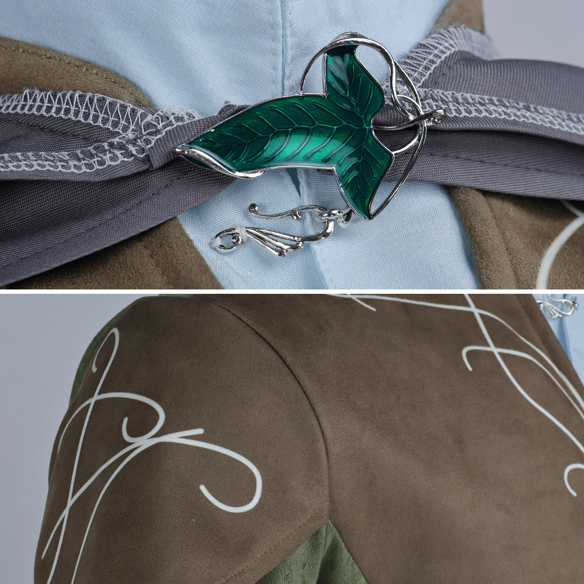 Detail of the green leaf brooch, silver clasps and white scrollwork on the brown coat