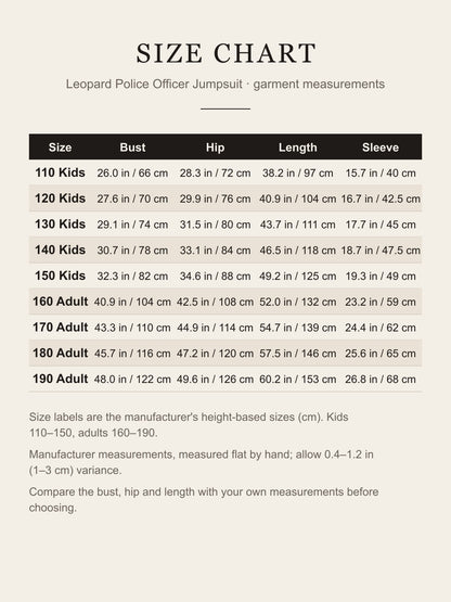 Size chart for the leopard police officer jumpsuit costume, kids 110–150 and adults 160–190, in inches and cm
