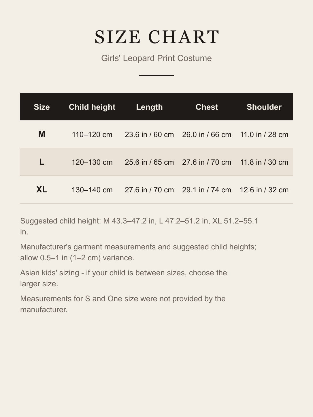 Size chart for the girls' leopard print costume: M, L and XL by child height with length, chest and shoulder in inches and cm