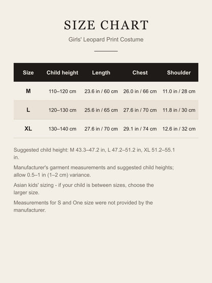 Size chart for the girls' leopard print costume: M, L and XL by child height with length, chest and shoulder in inches and cm
