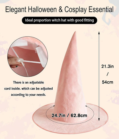 Light pink witch hat dimensions: 21.3 in (54 cm) tall, 24.7 in (62.8 cm) brim, with an adjustable cord inside