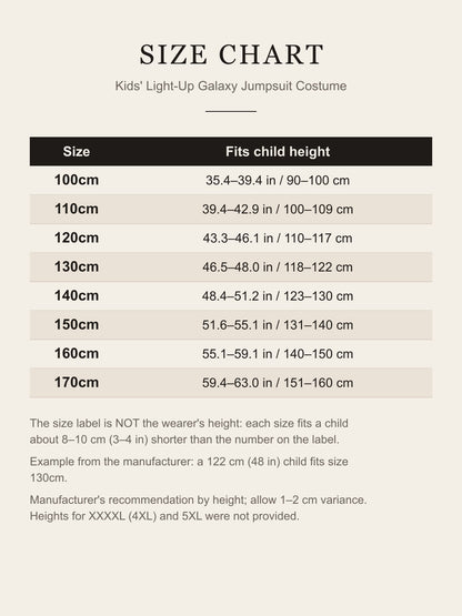 Size chart for the kids' light-up galaxy jumpsuit costume: child height in inches and centimeters for sizes 100cm to 170cm