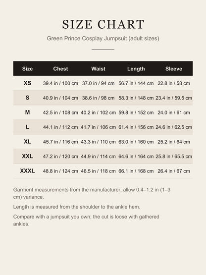 Size chart for the adult green prince cosplay jumpsuit: chest, waist, length and sleeve for XS to XXXL in inches and centimeters