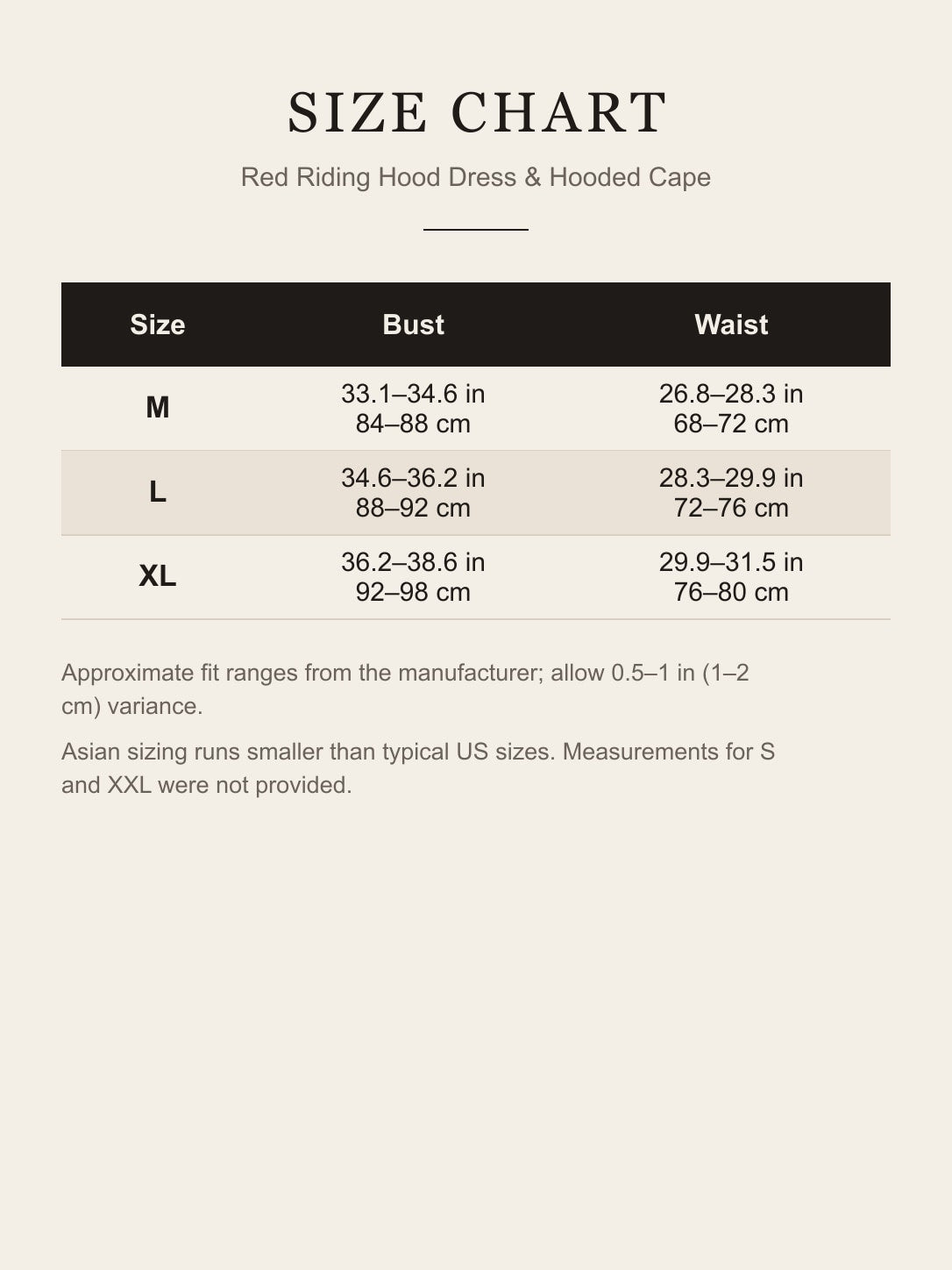 Size chart for the Little Red Riding Hood costume: bust and waist for M, L and XL in inches and centimeters