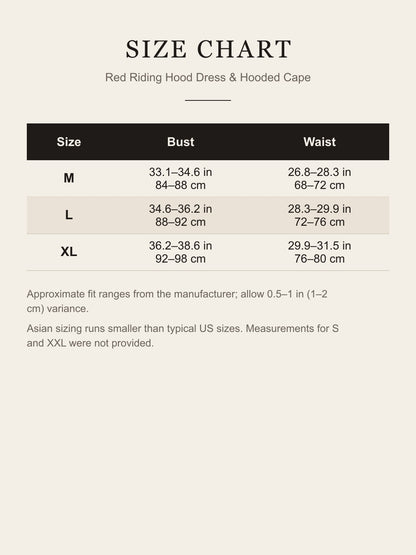Size chart for the Little Red Riding Hood costume: bust and waist for M, L and XL in inches and centimeters