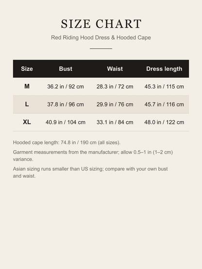 Size chart for the Little Red Riding Hood costume: bust, waist and dress length for M, L and XL in inches and centimeters, cape 74.8 in / 190 cm