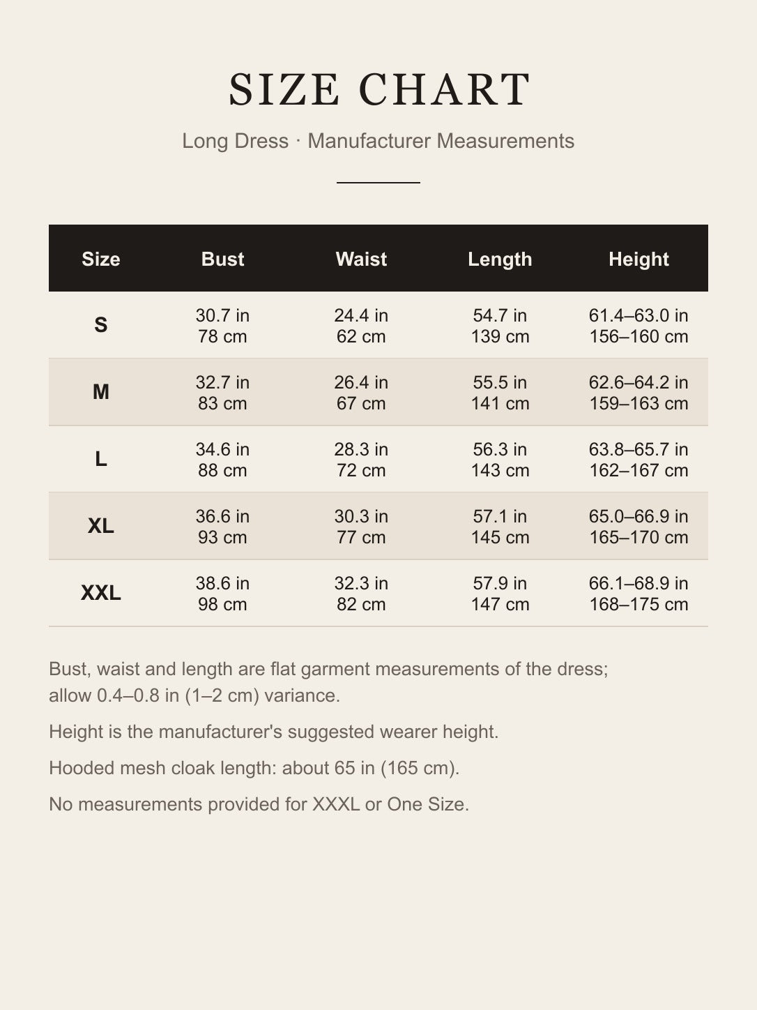 Size chart for the black hooded cloak costume dress: bust, waist, length and suggested height for S to XXL in inches and centimeters