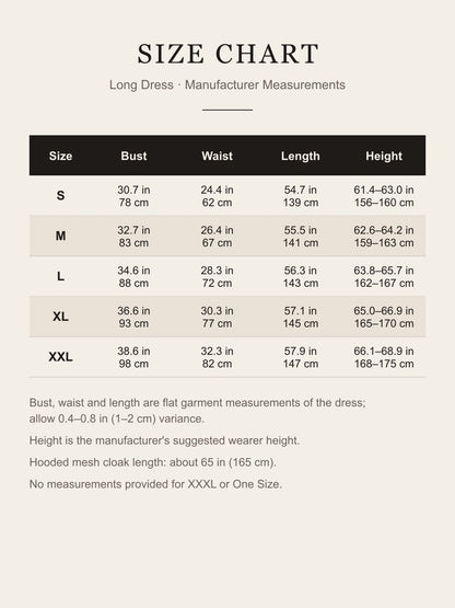 Size chart for the black hooded cloak costume dress: bust, waist, length and suggested height for S to XXL in inches and centimeters