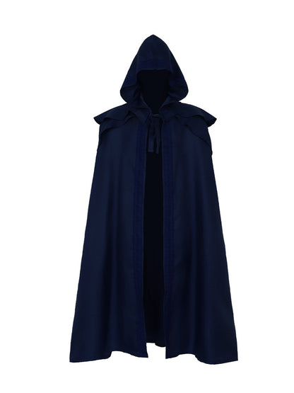 Navy blue hooded cloak on its own, front view showing the neck tie, shoulder capelet and printed front trim