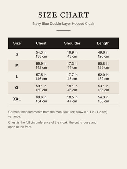 Size chart for the navy blue hooded cloak: chest, shoulder and length for S to XXL in inches and centimeters