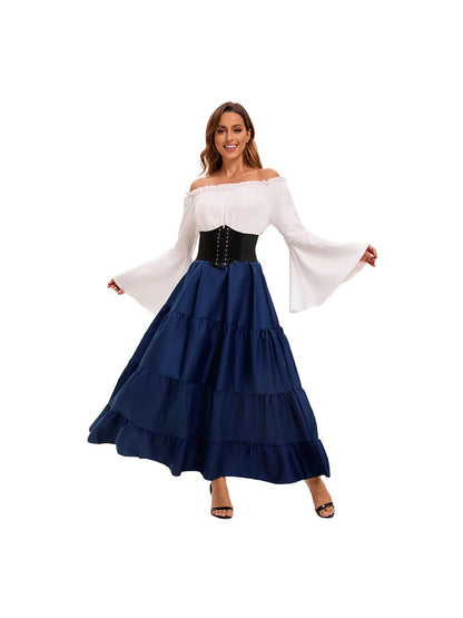 Real product photo of the blue medieval off-shoulder dress with bell sleeves and black corset belt on a model, white background