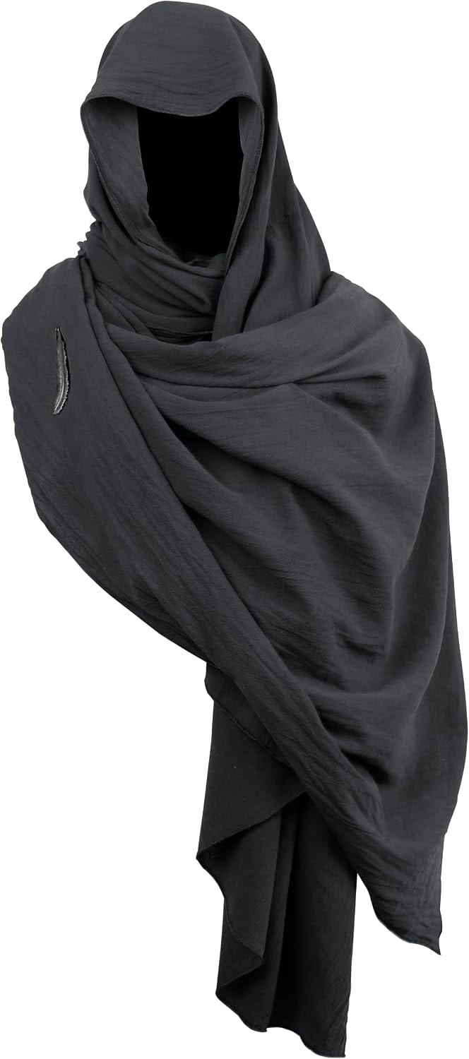 Charcoal gray one-piece hooded scarf wrap with feather brooch on a white background