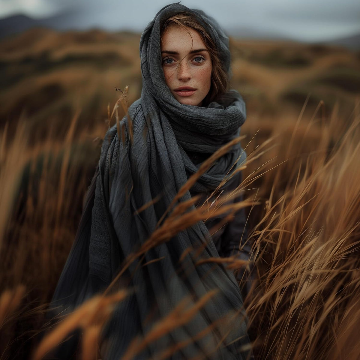 Gray hooded scarf worn as a windswept cowl in a field of tall grass