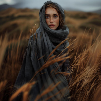 Gray hooded scarf worn as a windswept cowl in a field of tall grass