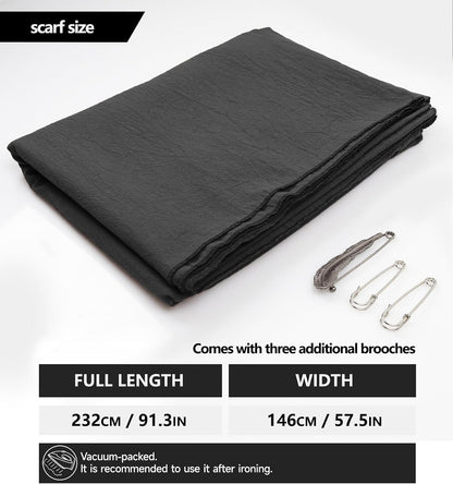 Size and contents: scarf 232 cm / 91.3 in long, 146 cm / 57.5 in wide, comes with a feather brooch and two safety pins