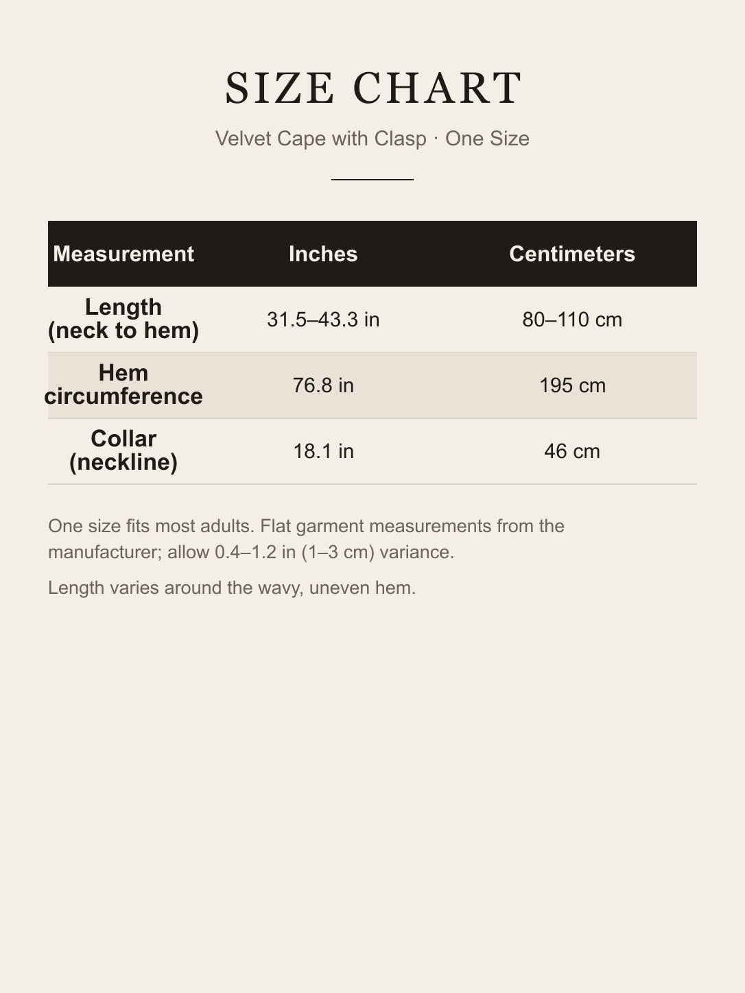 Size chart for the one-size velvet cape: length 31.5–43.3 in (80–110 cm), hem circumference 76.8 in (195 cm), collar 18.1 in (46 cm)