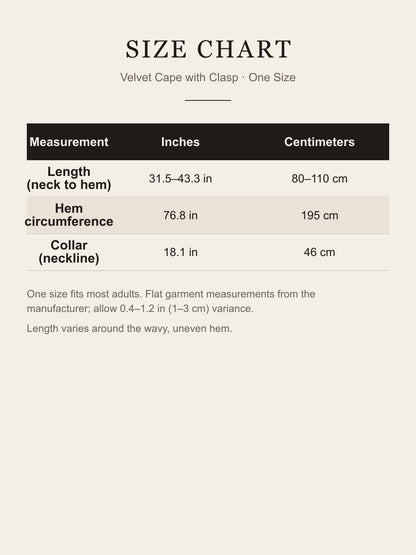 Size chart for the one-size velvet cape: length 31.5–43.3 in (80–110 cm), hem circumference 76.8 in (195 cm), collar 18.1 in (46 cm)