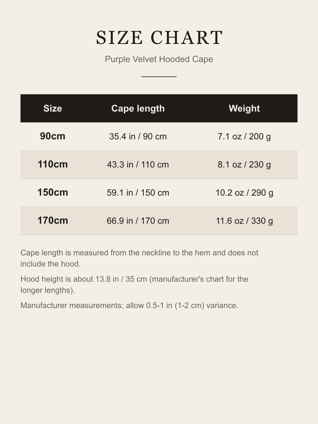 Size chart for the purple velvet hooded cape: cape length and weight for the 90, 110, 150 and 170 cm sizes in inches and centimeters