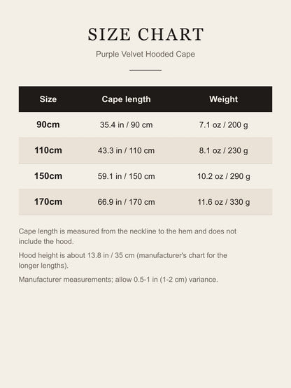 Size chart for the purple velvet hooded cape: cape length and weight for the 90, 110, 150 and 170 cm sizes in inches and centimeters