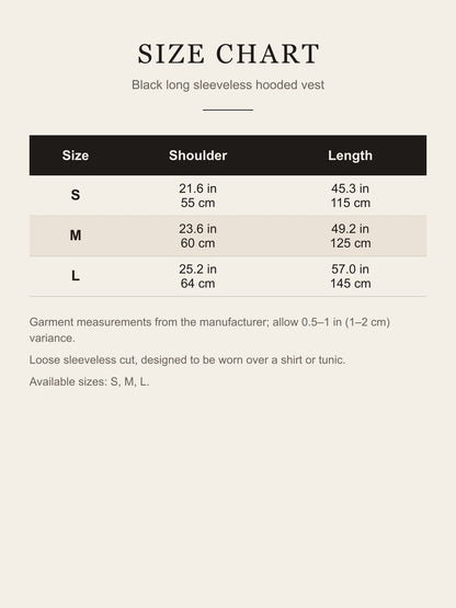 Size chart for the black long sleeveless hooded vest: shoulder width and length for S, M and L in inches and centimeters