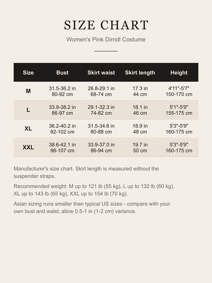 Size chart for the women's pink dirndl costume: bust, skirt waist, skirt length and height for M, L, XL and XXL in inches and centimeters