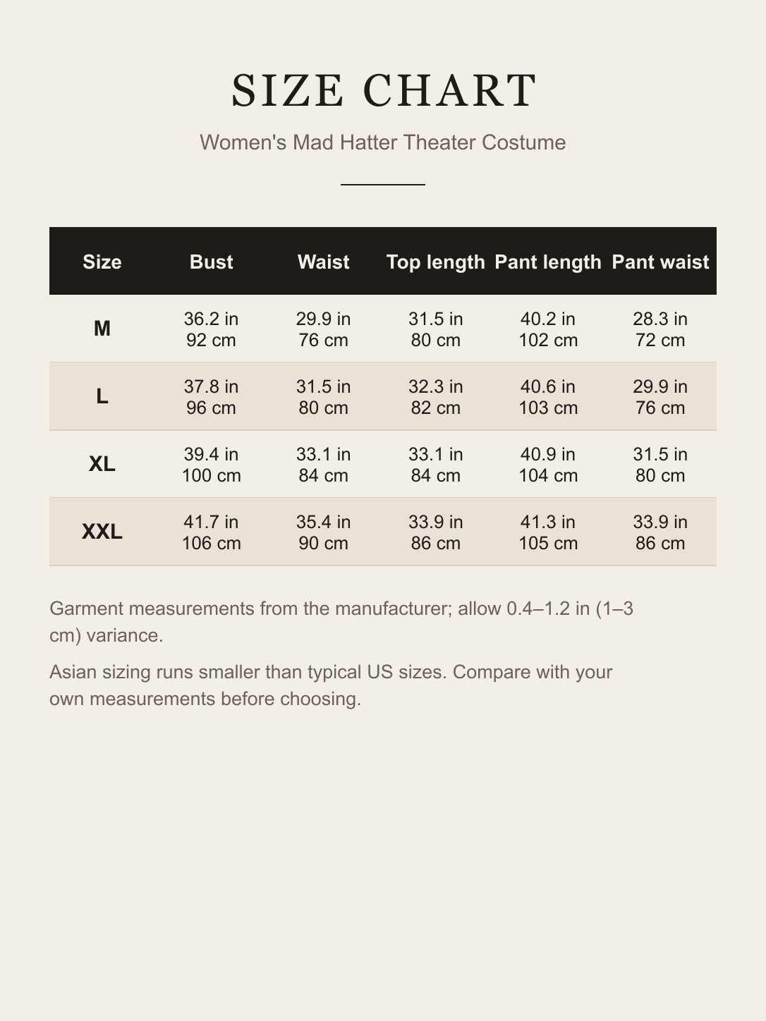 Size chart for the women's Mad Hatter theater costume: bust, waist, top length, pant length and pant waist for M to XXL in inches and centimeters