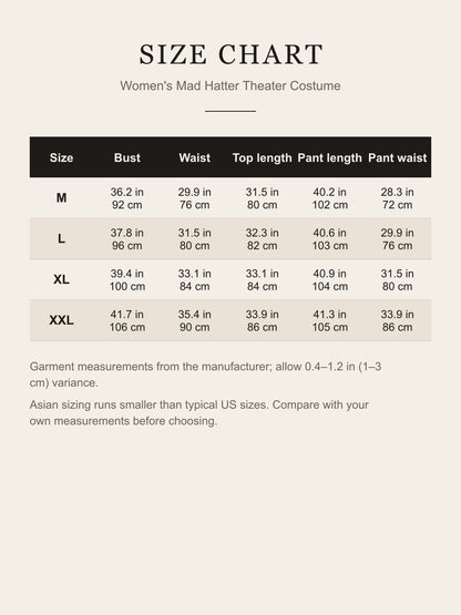 Size chart for the women's Mad Hatter theater costume: bust, waist, top length, pant length and pant waist for M to XXL in inches and centimeters