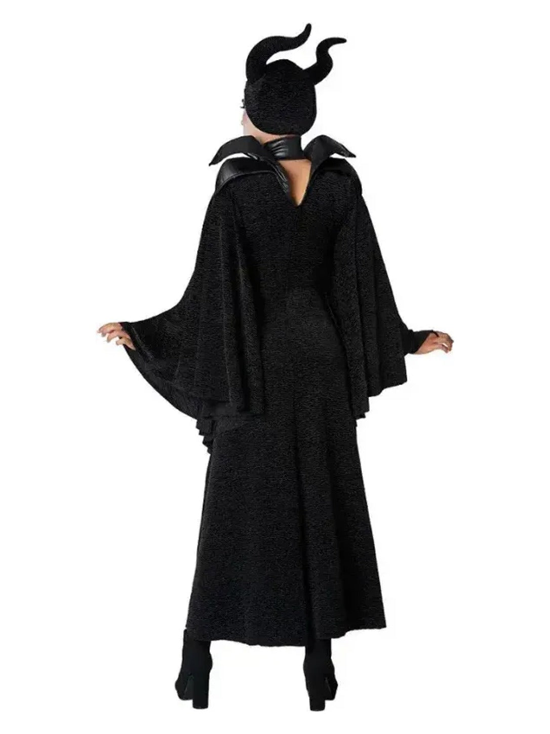 Back view of the black robe costume showing the bat-wing stand-up collar, V-shaped upper-back opening and flared sleeves