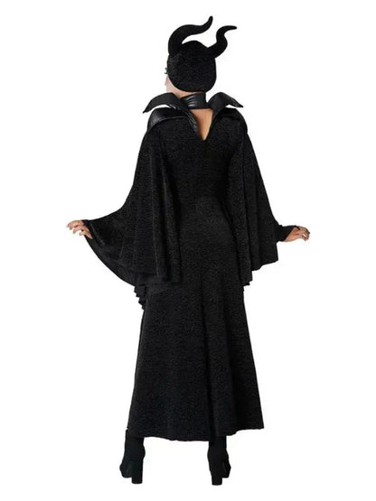 Back view of the black robe costume showing the bat-wing stand-up collar, V-shaped upper-back opening and flared sleeves