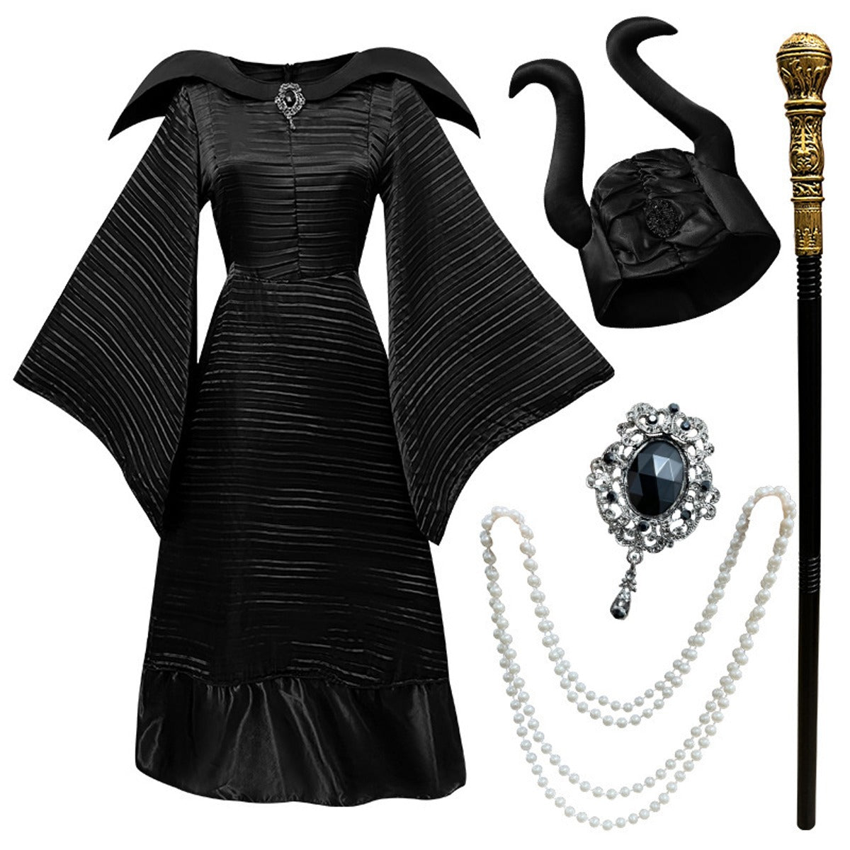 What's included: black pleated witch dress, horned hat, gold-knob staff, layered faux pearl necklace and black-stone brooch