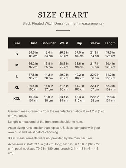 Size chart for the black pleated witch dress: bust, shoulder, waist, hip, sleeve and length for S to XXL in inches and centimeters