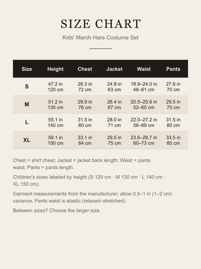 Size chart for the kids' March Hare costume: child height, shirt chest, jacket back length, pants waist and length for S–XL in inches and centimeters