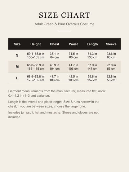 Size chart for the adult green and blue Mario overalls costume, sizes S to L in inches and cm