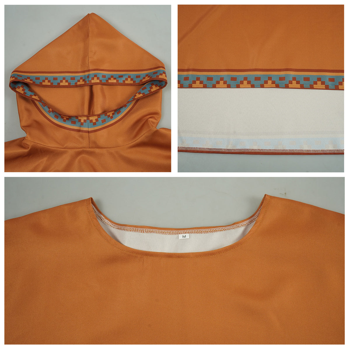 Close-up details of the tan hooded cape: hood with geometric trim, trimmed hem and round neckline of the undertop