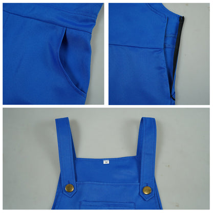 Close-up details of the blue bib pants: side pocket, side zipper and bib with gold-tone buttons