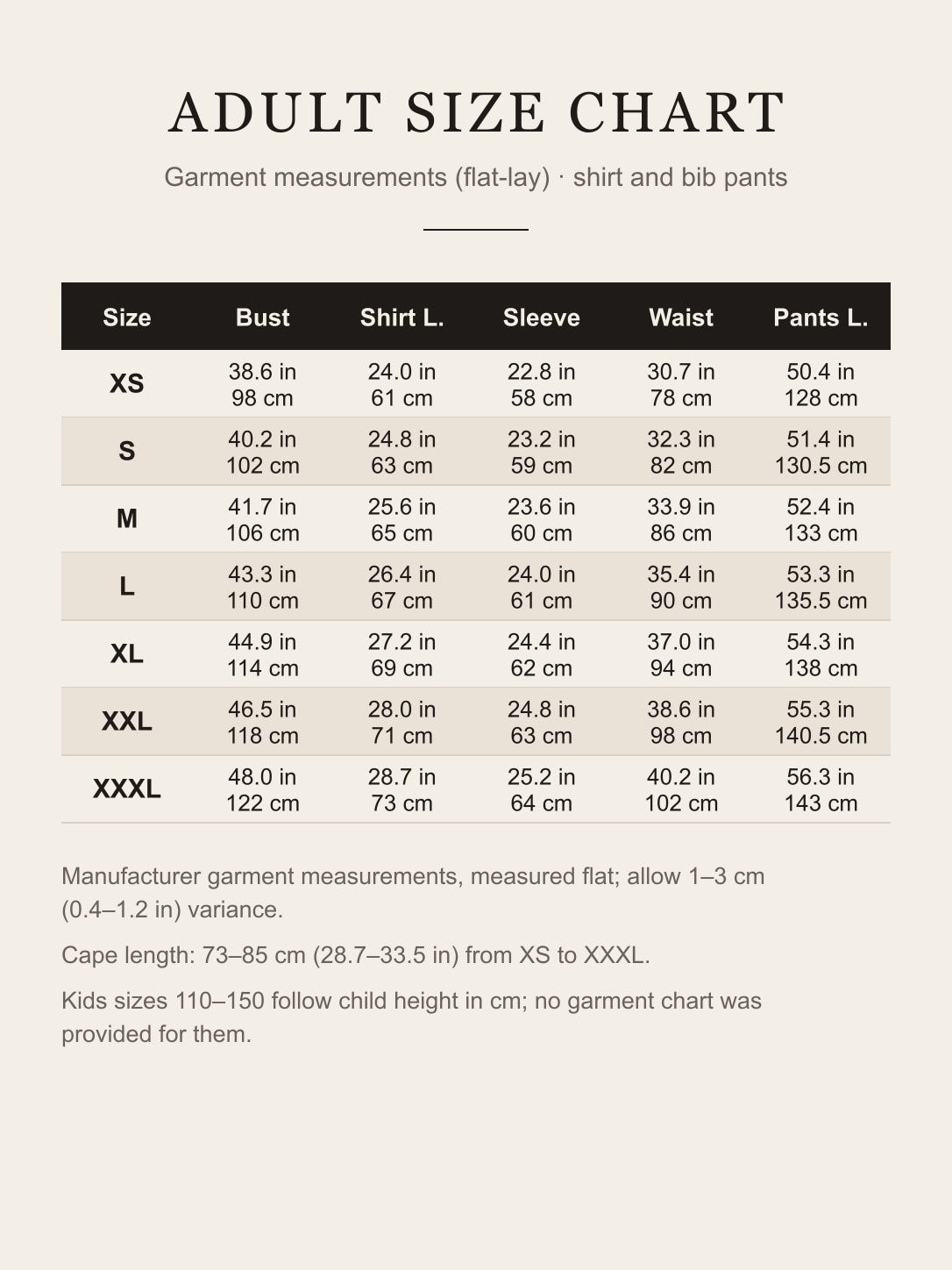 Adult size chart XS to XXXL with shirt bust, shirt length, sleeve, pants waist and pants length in inches and centimeters